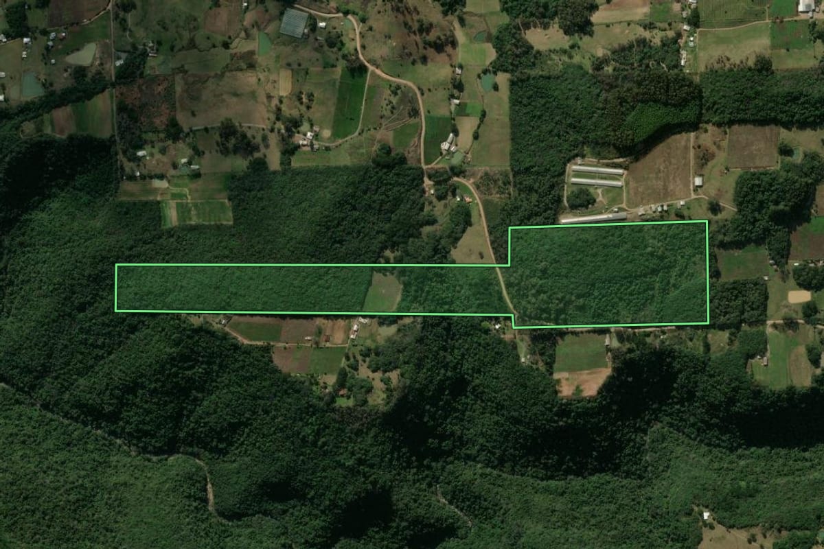 Imagem de satélite do imóvel rural em São Marcos (RS), com o contorno declarado no CAR desenhado por cima.