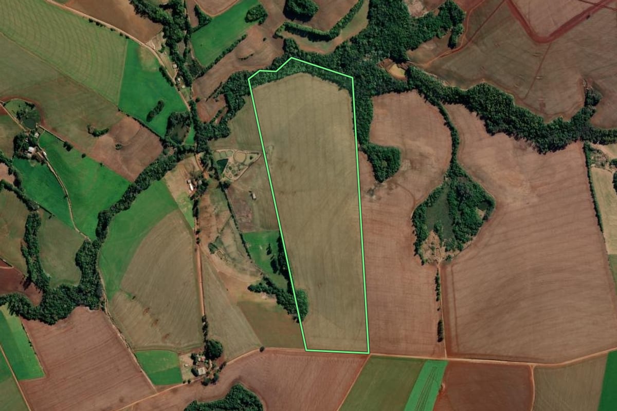 Imagem de satélite do imóvel rural em São Martinho (RS), com o contorno declarado no CAR desenhado por cima.