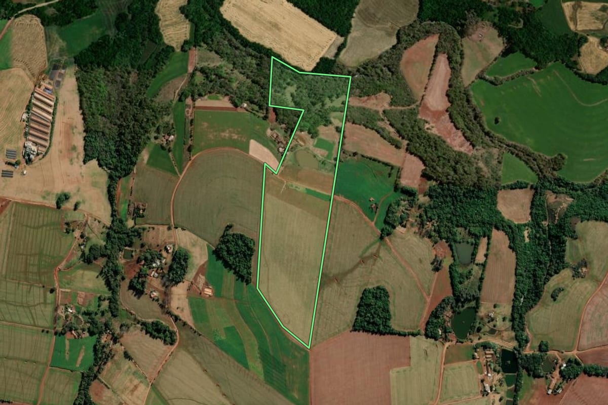 Imagem de satélite do imóvel rural em São Martinho (RS), com o contorno declarado no CAR desenhado por cima.