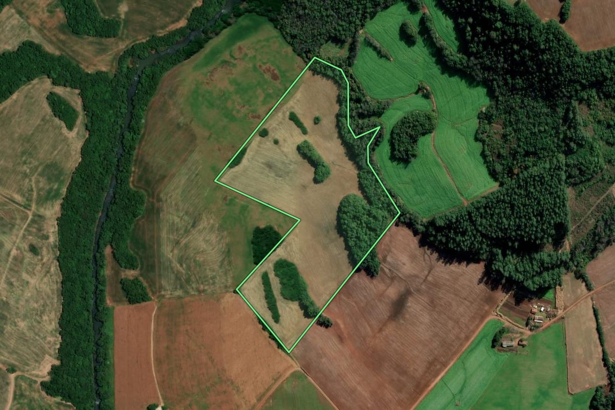 Imagem de satélite do imóvel rural em São Martinho (RS), com o contorno declarado no CAR desenhado por cima.
