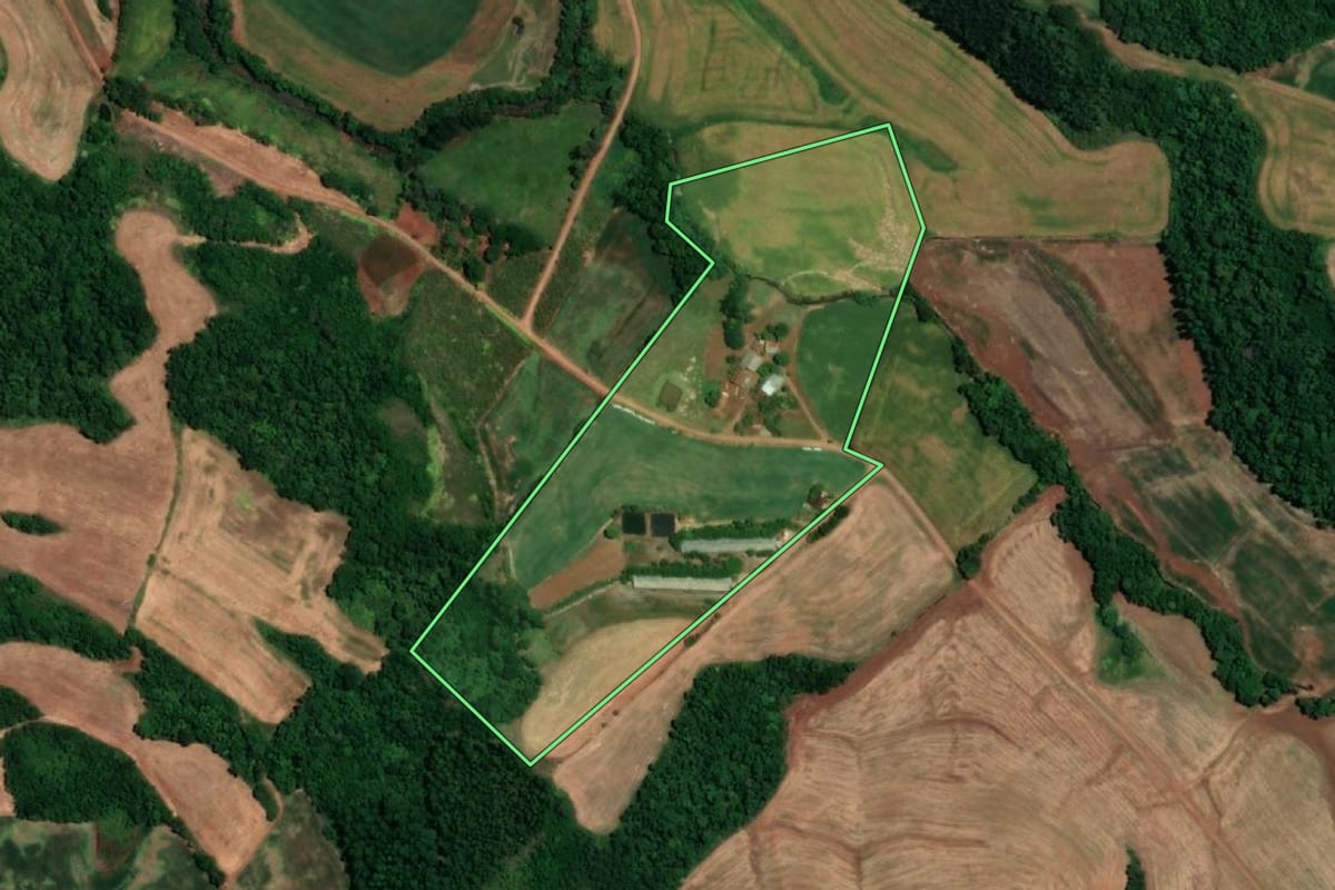 Imagem de satélite do imóvel rural em São Martinho (RS), com o contorno declarado no CAR desenhado por cima.