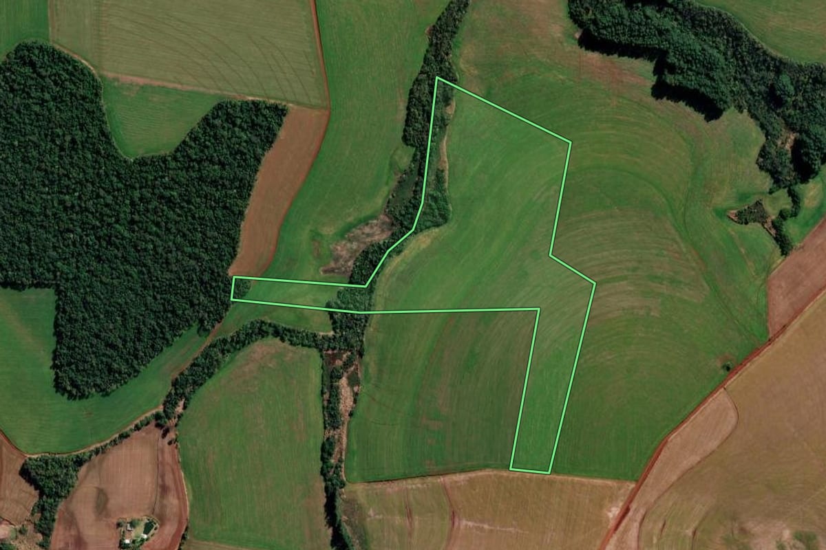 Imagem de satélite do imóvel rural em São Martinho (RS), com o contorno declarado no CAR desenhado por cima.