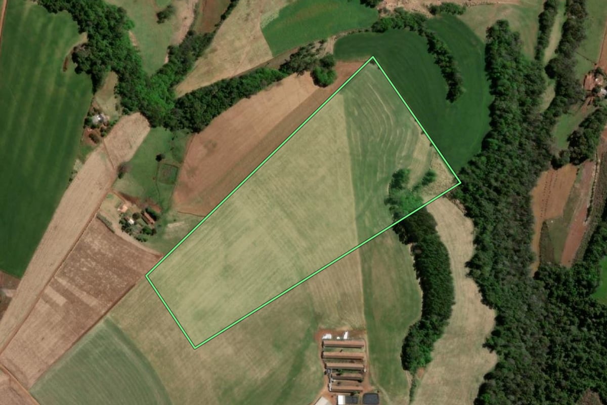 Imagem de satélite do imóvel rural em São Martinho (RS), com o contorno declarado no CAR desenhado por cima.