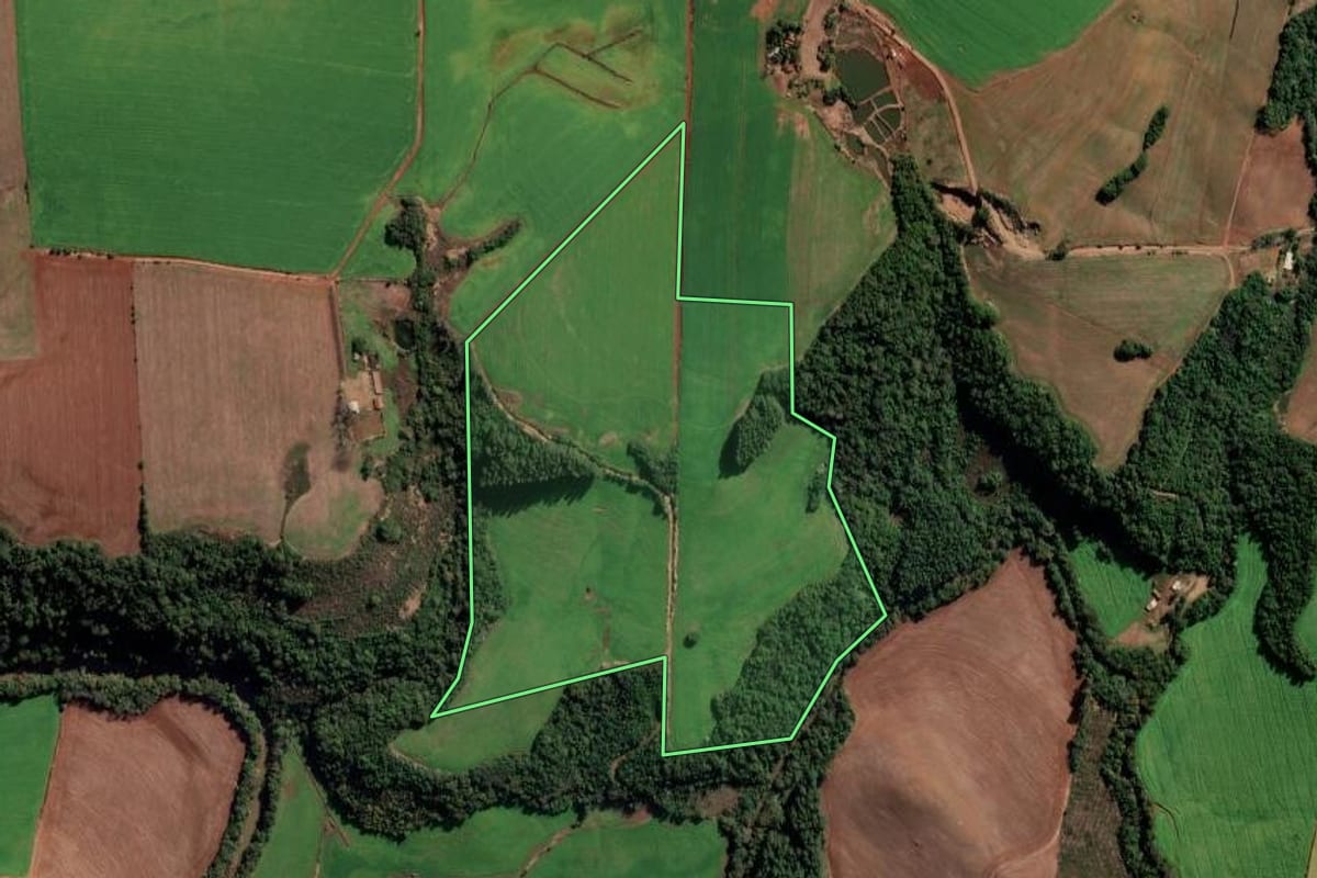 Imagem de satélite do imóvel rural em São Martinho (RS), com o contorno declarado no CAR desenhado por cima.