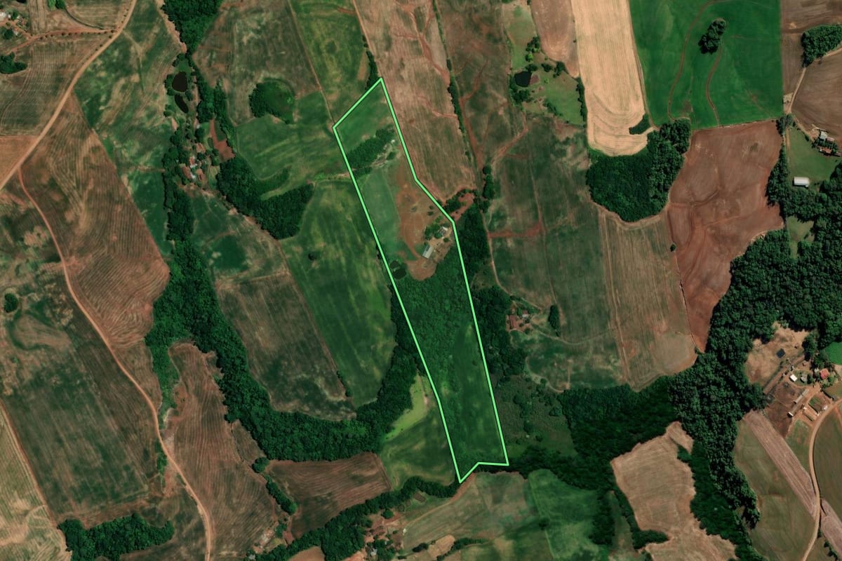 Imagem de satélite do imóvel rural em São Martinho (RS), com o contorno declarado no CAR desenhado por cima.