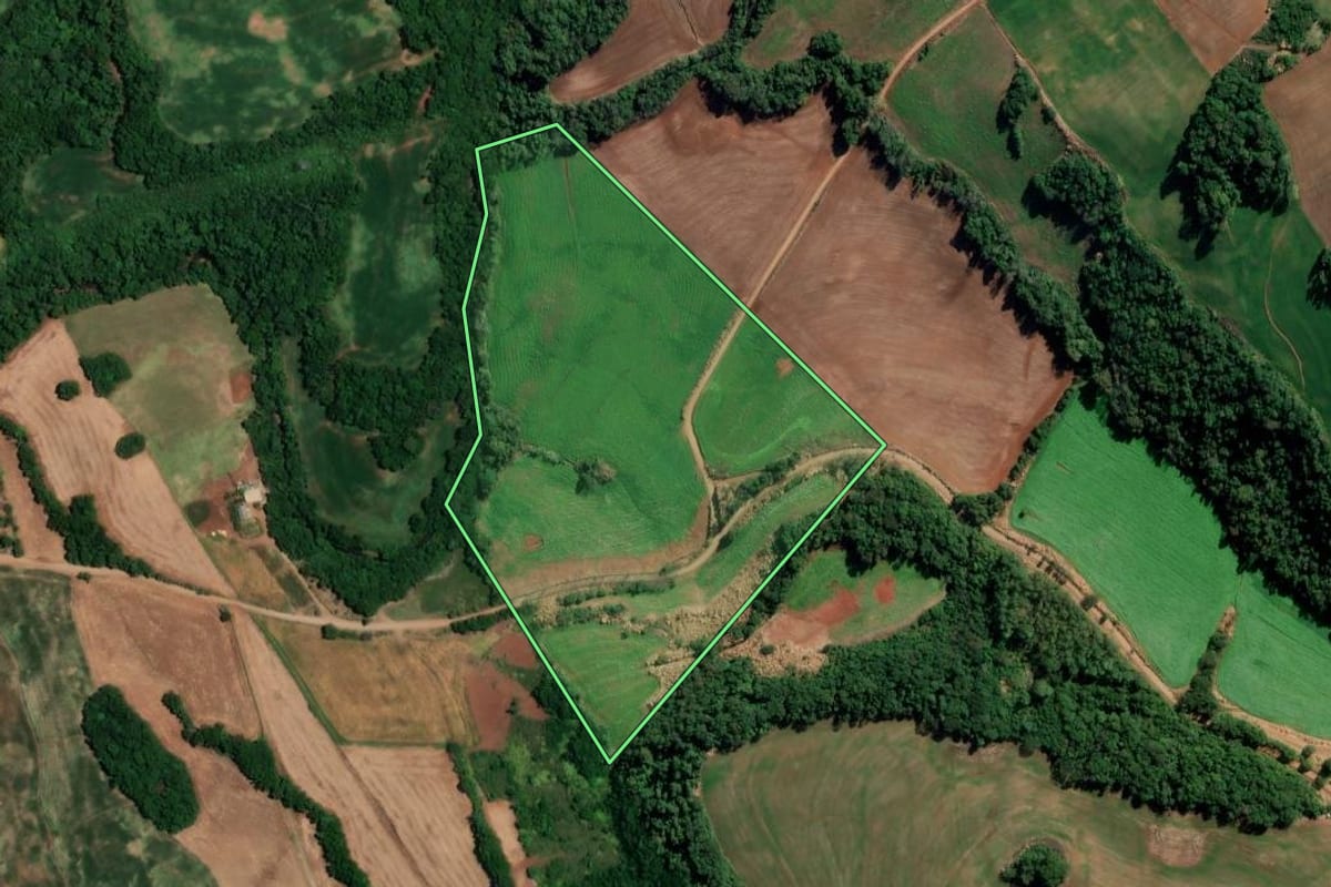 Imagem de satélite do imóvel rural em São Martinho (RS), com o contorno declarado no CAR desenhado por cima.