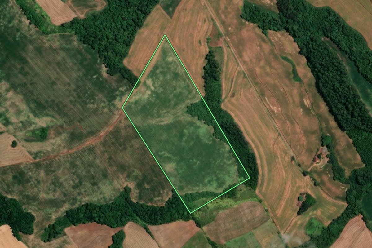 Imagem de satélite do imóvel rural em São Martinho (RS), com o contorno declarado no CAR desenhado por cima.