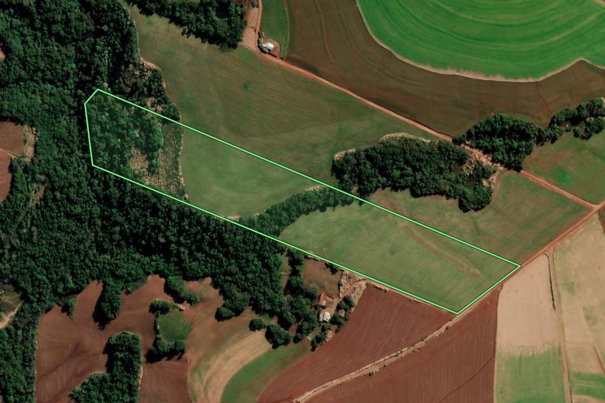 Imagem de satélite do imóvel rural em São Martinho (RS), com o contorno declarado no CAR desenhado por cima.