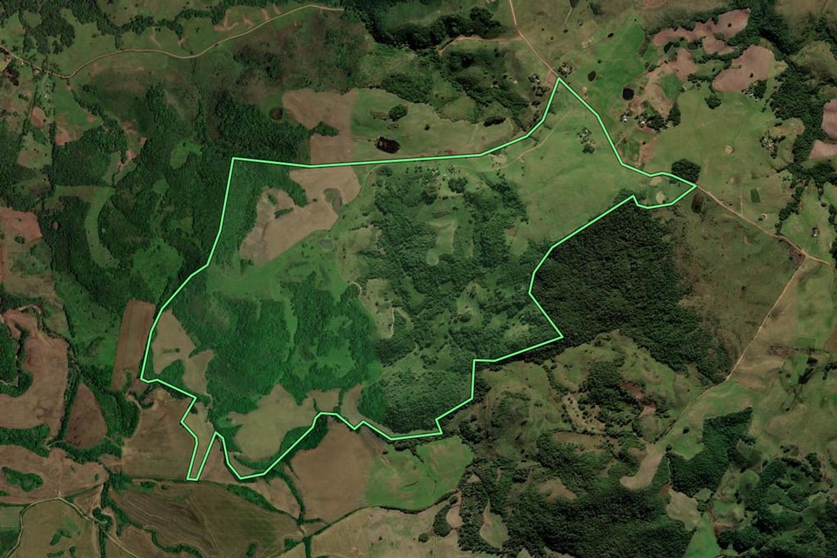 Imagem de satélite do imóvel rural em São Martinho da Serra (RS), com o contorno declarado no CAR desenhado por cima.