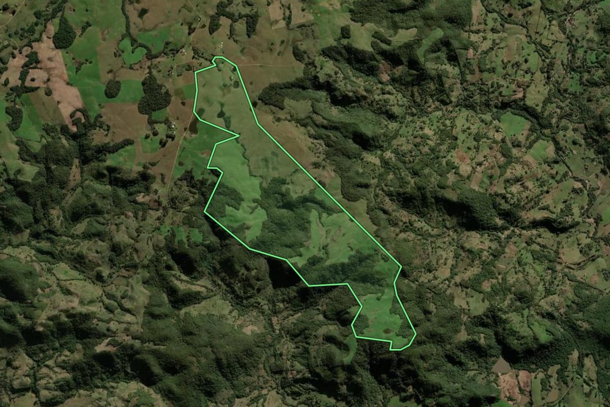 Imagem de satélite do imóvel rural em São Martinho da Serra (RS), com o contorno declarado no CAR desenhado por cima.
