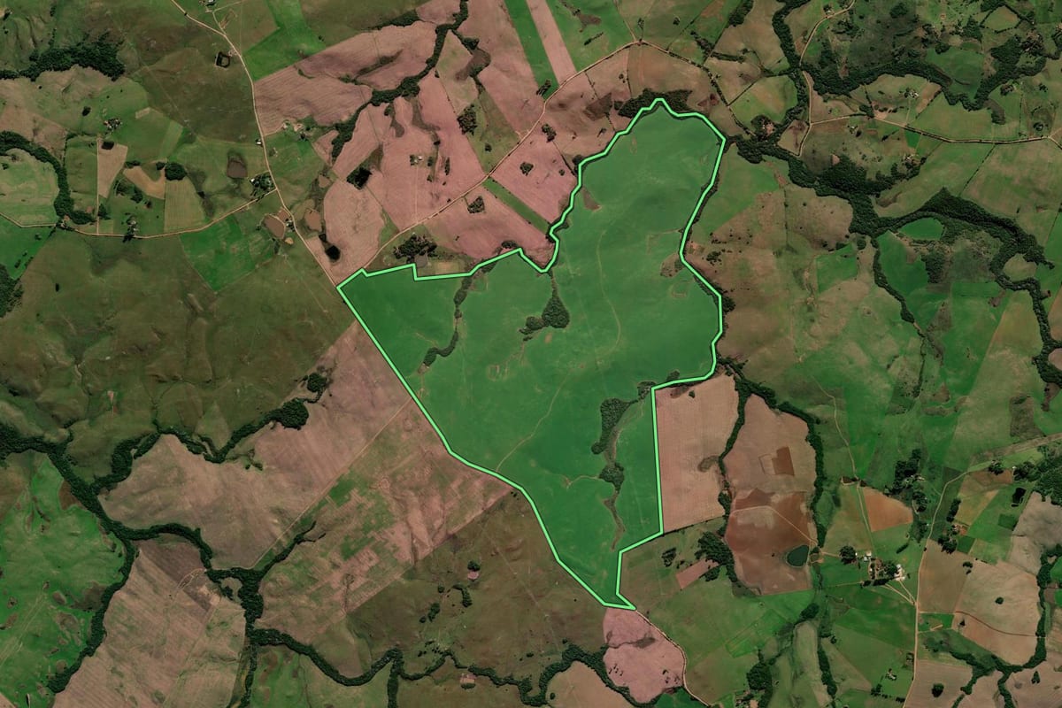 Imagem de satélite do imóvel rural em São Martinho da Serra (RS), com o contorno declarado no CAR desenhado por cima.