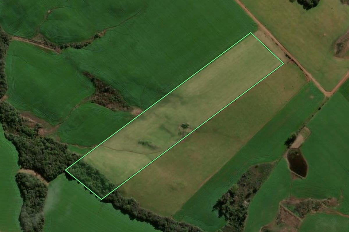 Imagem de satélite do imóvel rural em São Martinho da Serra (RS), com o contorno declarado no CAR desenhado por cima.
