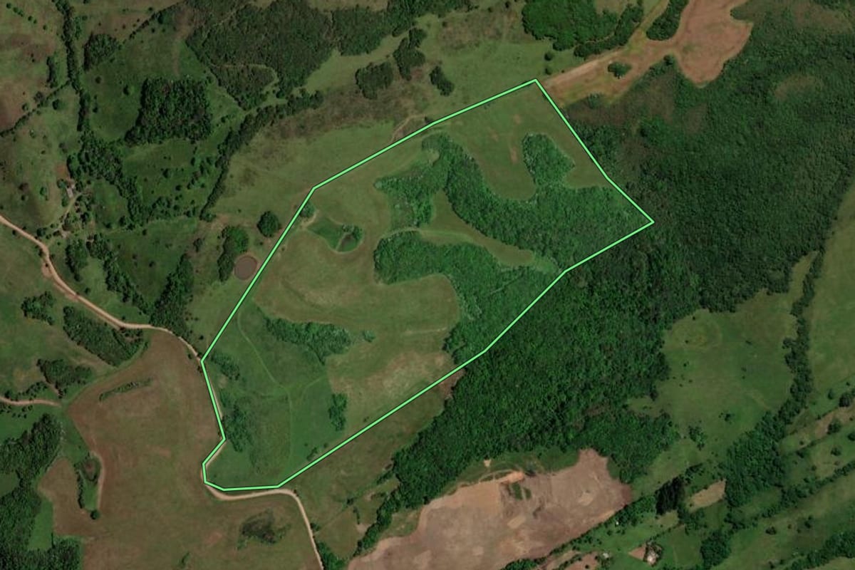 Imagem de satélite do imóvel rural em São Martinho da Serra (RS), com o contorno declarado no CAR desenhado por cima.