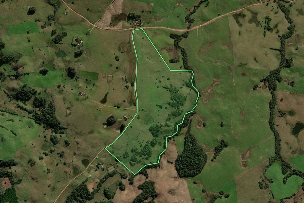 Imagem de satélite do imóvel rural em São Martinho da Serra (RS), com o contorno declarado no CAR desenhado por cima.