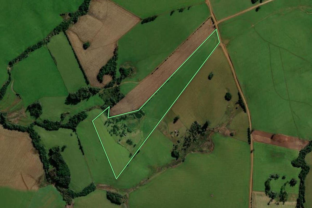 Imagem de satélite do imóvel rural em São Martinho da Serra (RS), com o contorno declarado no CAR desenhado por cima.