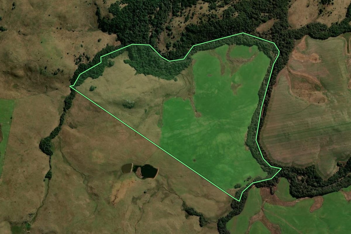 Imagem de satélite do imóvel rural em São Martinho da Serra (RS), com o contorno declarado no CAR desenhado por cima.