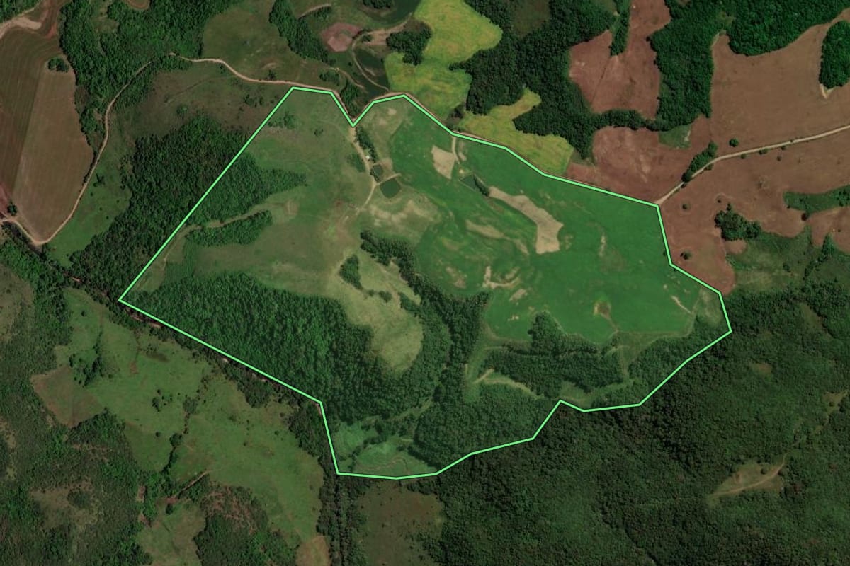 Imagem de satélite do imóvel rural em São Martinho da Serra (RS), com o contorno declarado no CAR desenhado por cima.