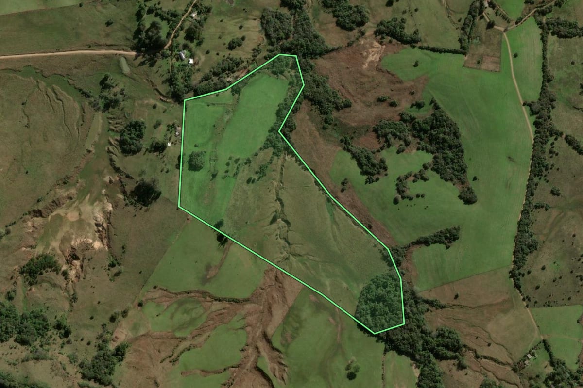 Imagem de satélite do imóvel rural em São Martinho da Serra (RS), com o contorno declarado no CAR desenhado por cima.