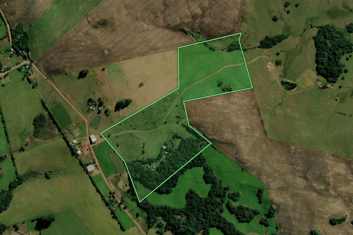 Imagem de satélite do imóvel rural em São Martinho da Serra (RS), com o contorno declarado no CAR desenhado por cima.