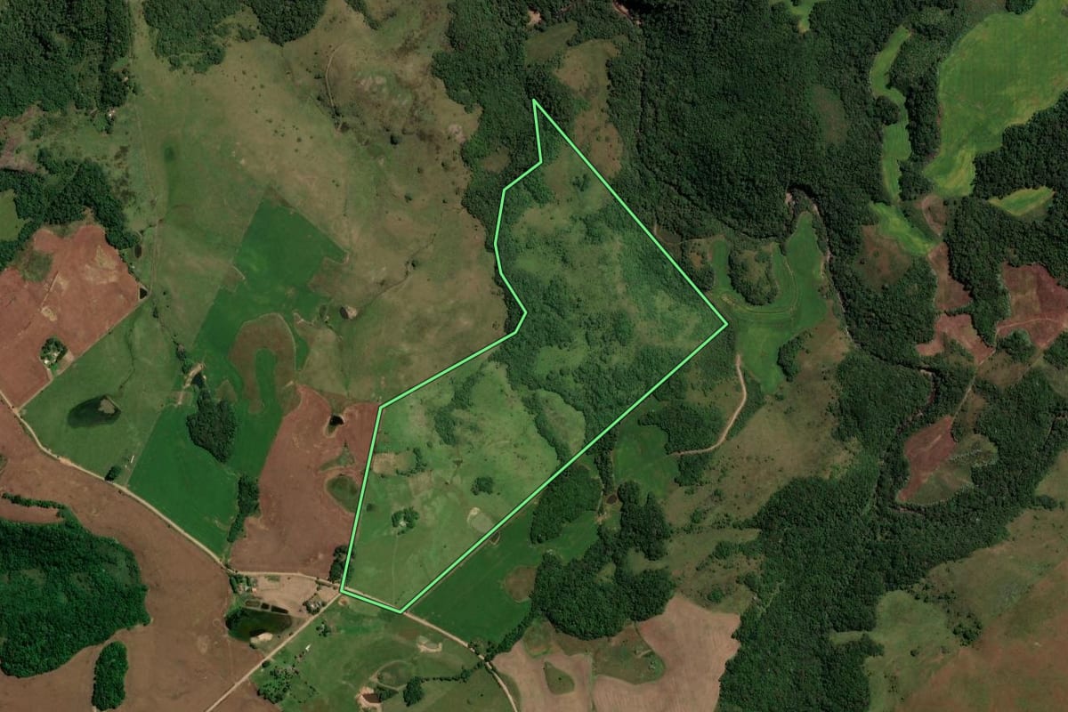Imagem de satélite do imóvel rural em São Martinho da Serra (RS), com o contorno declarado no CAR desenhado por cima.