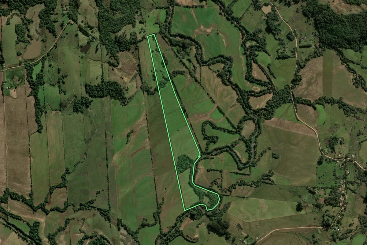 Imagem de satélite do imóvel rural em São Martinho da Serra (RS), com o contorno declarado no CAR desenhado por cima.