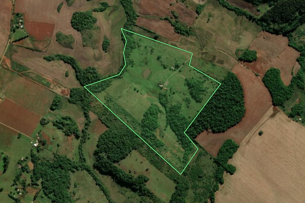 Imagem de satélite do imóvel rural em São Miguel das Missões (RS), com o contorno declarado no CAR desenhado por cima.