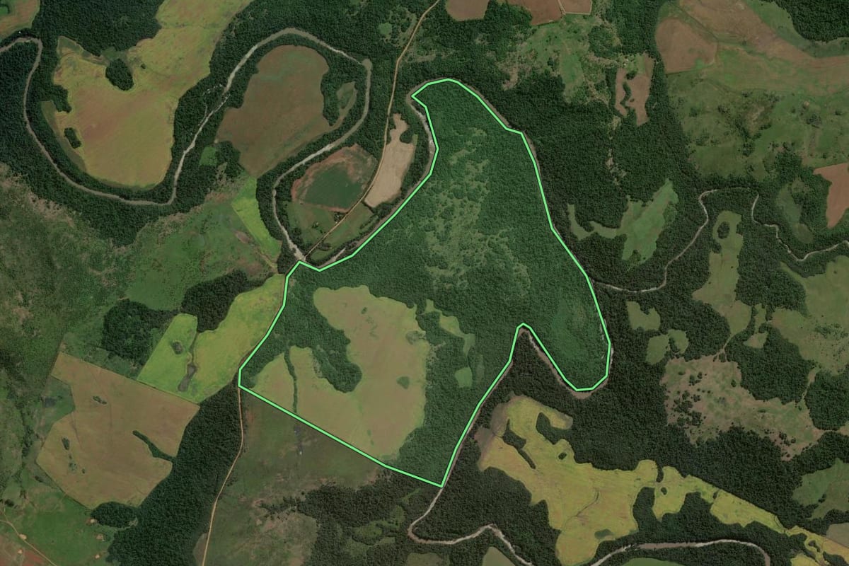 Imagem de satélite do imóvel rural em São Miguel das Missões (RS), com o contorno declarado no CAR desenhado por cima.
