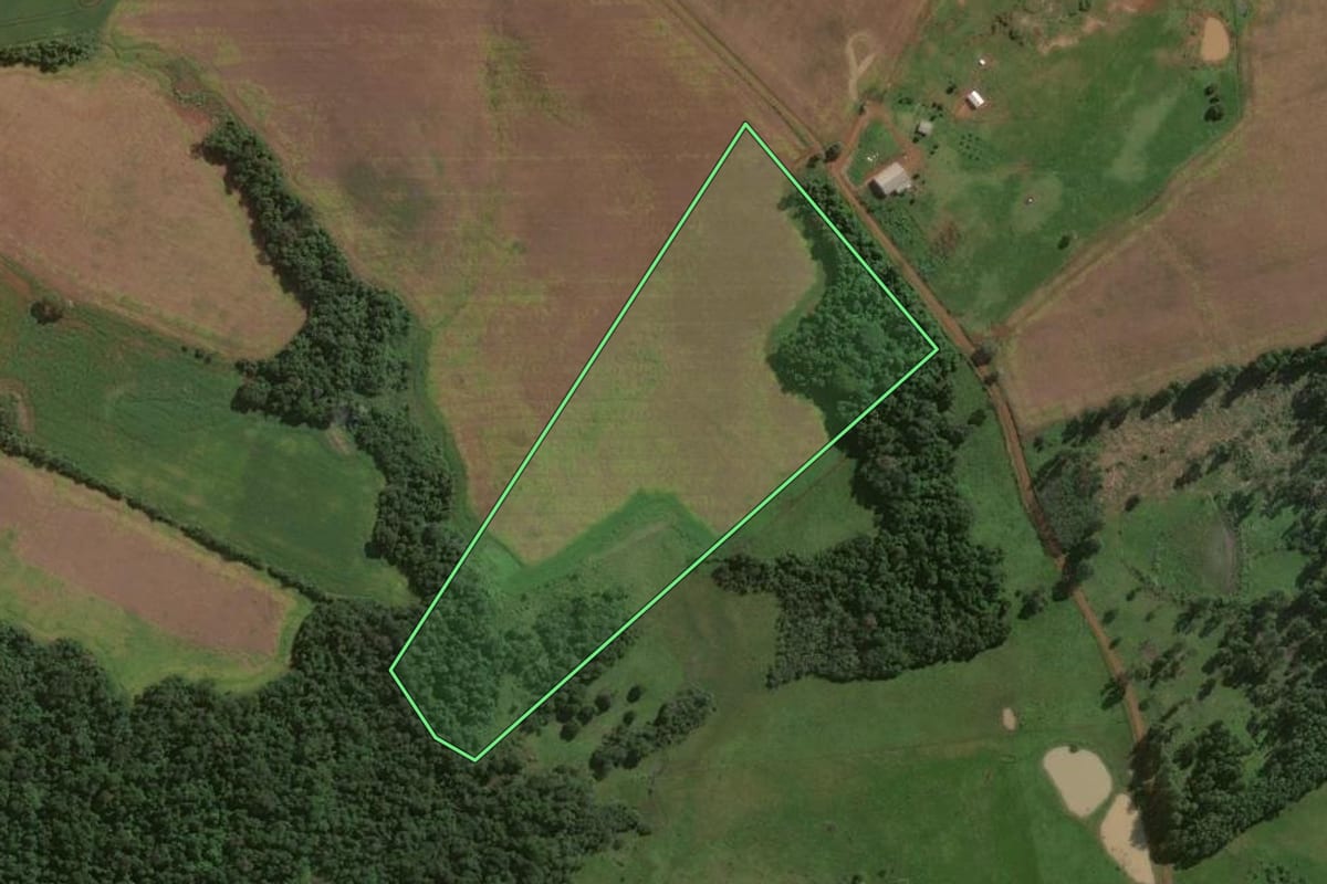 Imagem de satélite do imóvel rural em São Miguel das Missões (RS), com o contorno declarado no CAR desenhado por cima.