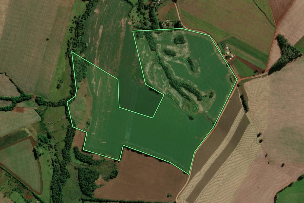 Imagem de satélite do imóvel rural em São Miguel das Missões (RS), com o contorno declarado no CAR desenhado por cima.