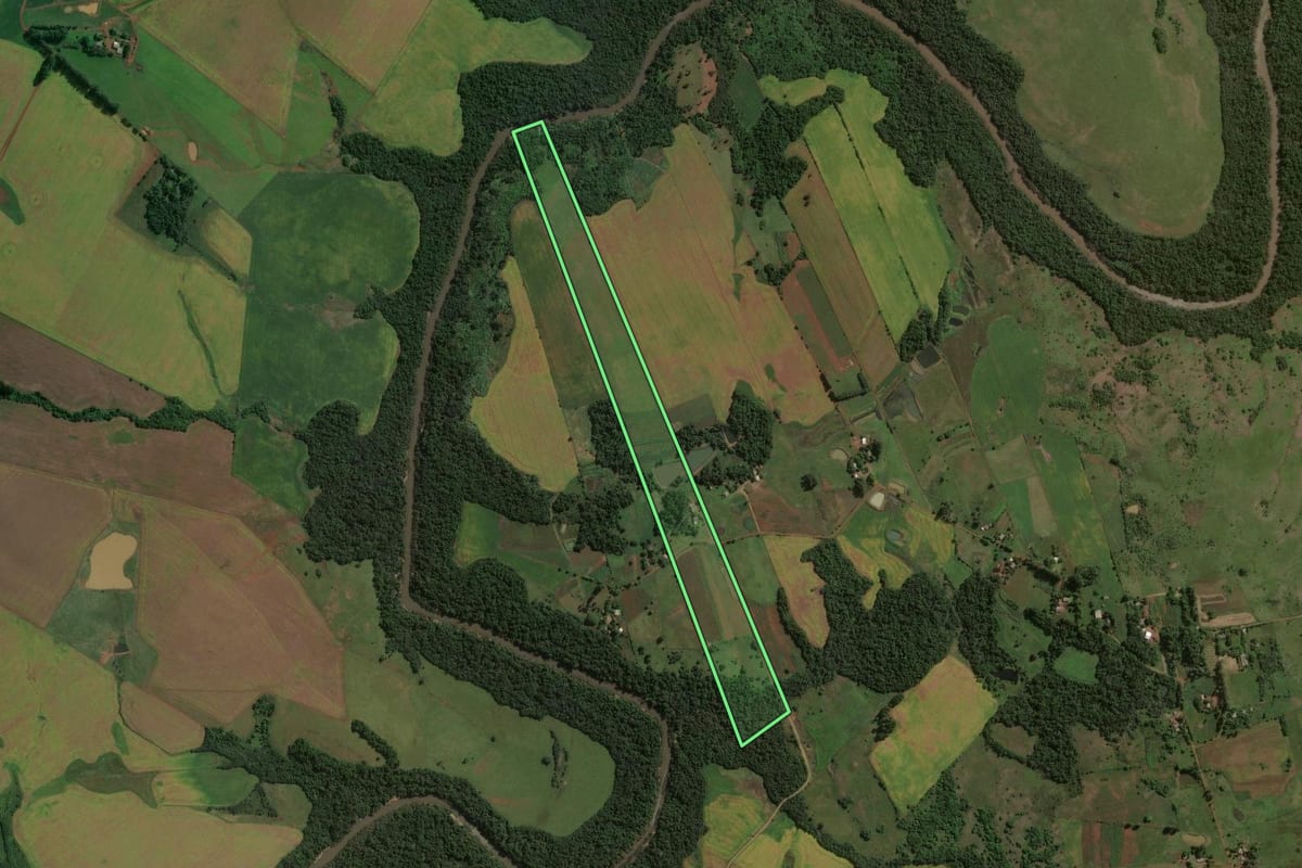 Imagem de satélite do imóvel rural em São Miguel das Missões (RS), com o contorno declarado no CAR desenhado por cima.