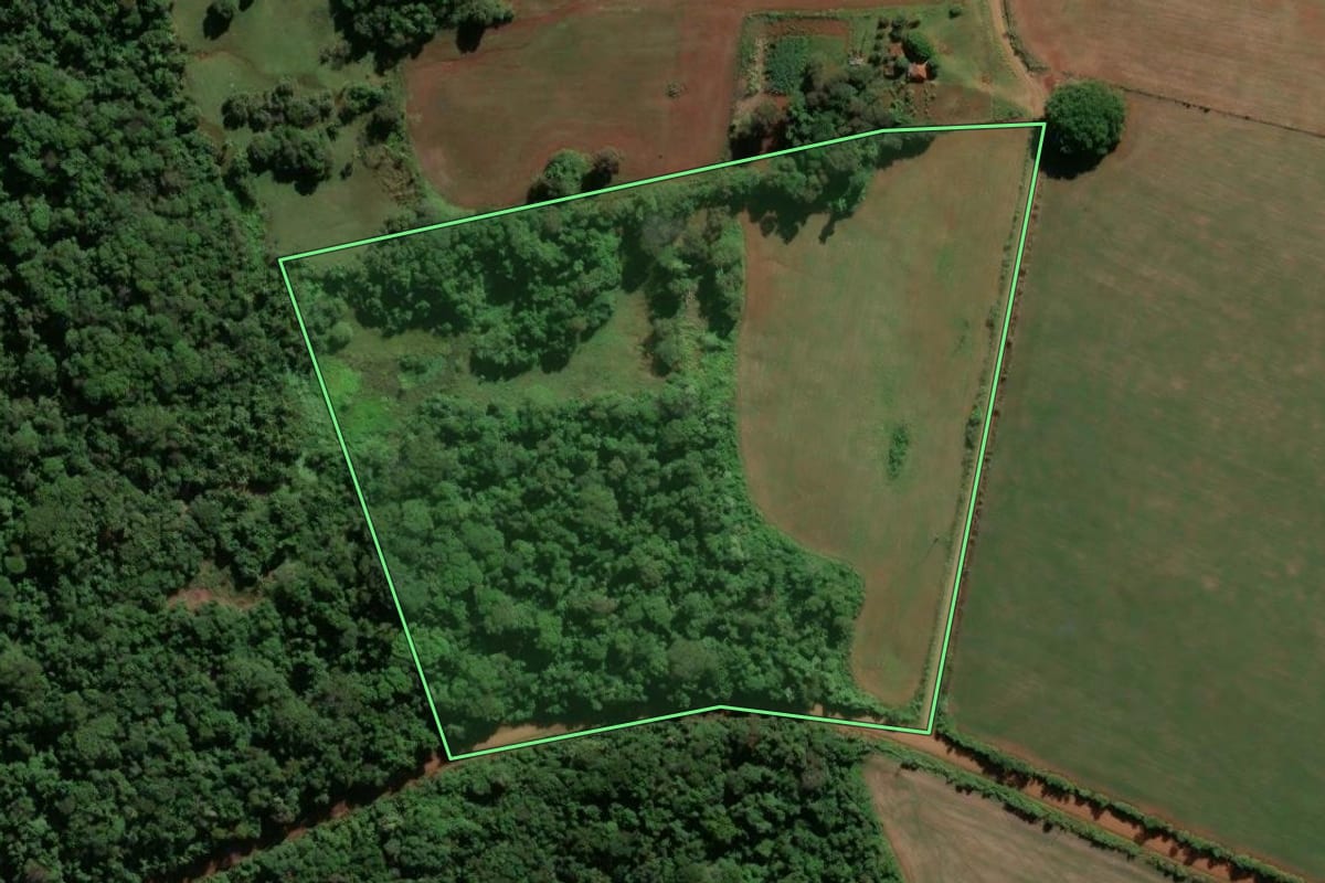 Imagem de satélite do imóvel rural em São Miguel das Missões (RS), com o contorno declarado no CAR desenhado por cima.
