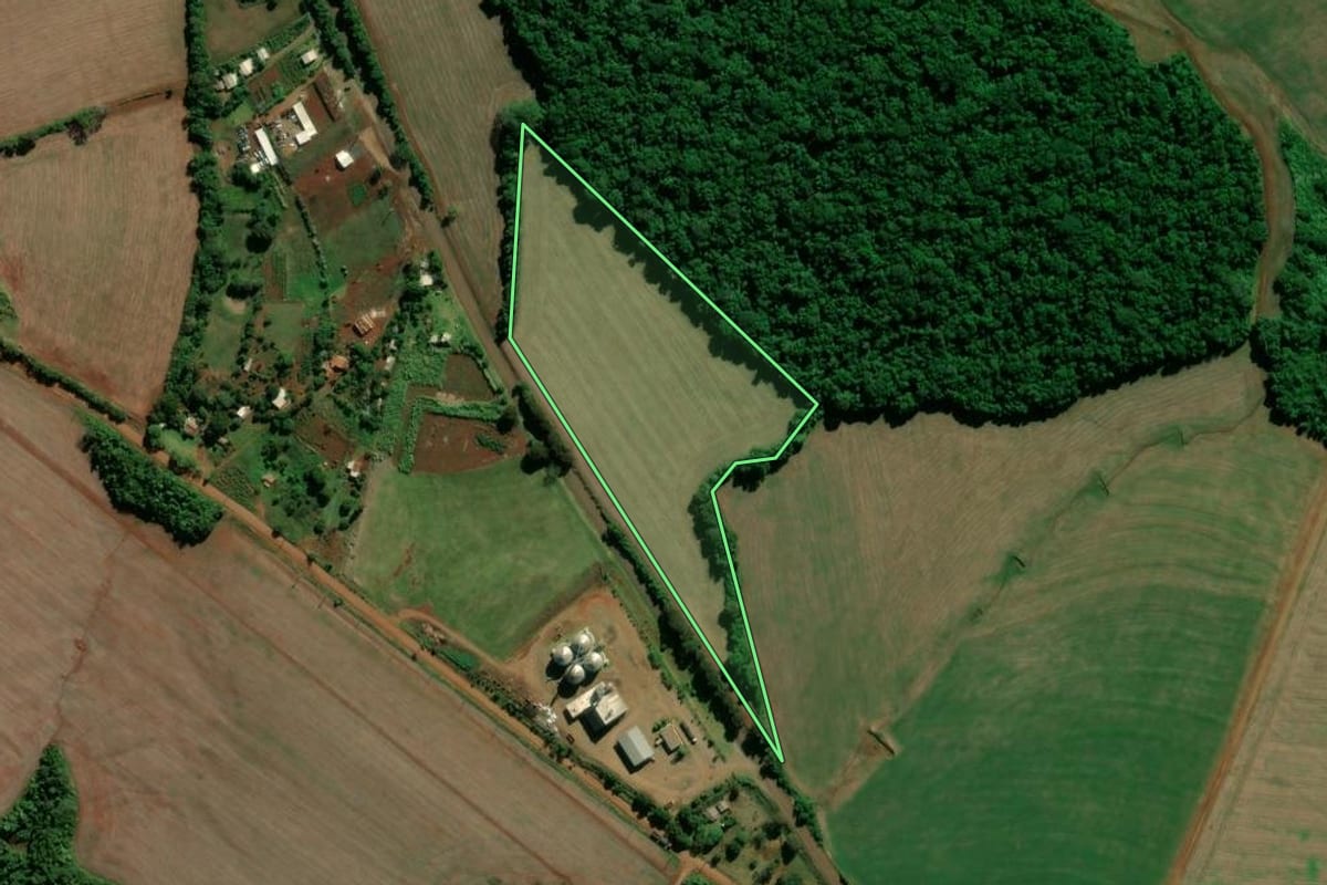 Imagem de satélite do imóvel rural em São Miguel das Missões (RS), com o contorno declarado no CAR desenhado por cima.