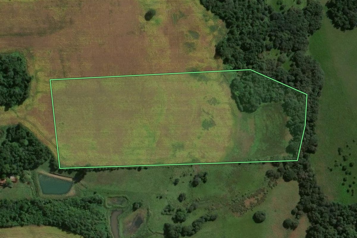 Imagem de satélite do imóvel rural em São Miguel das Missões (RS), com o contorno declarado no CAR desenhado por cima.