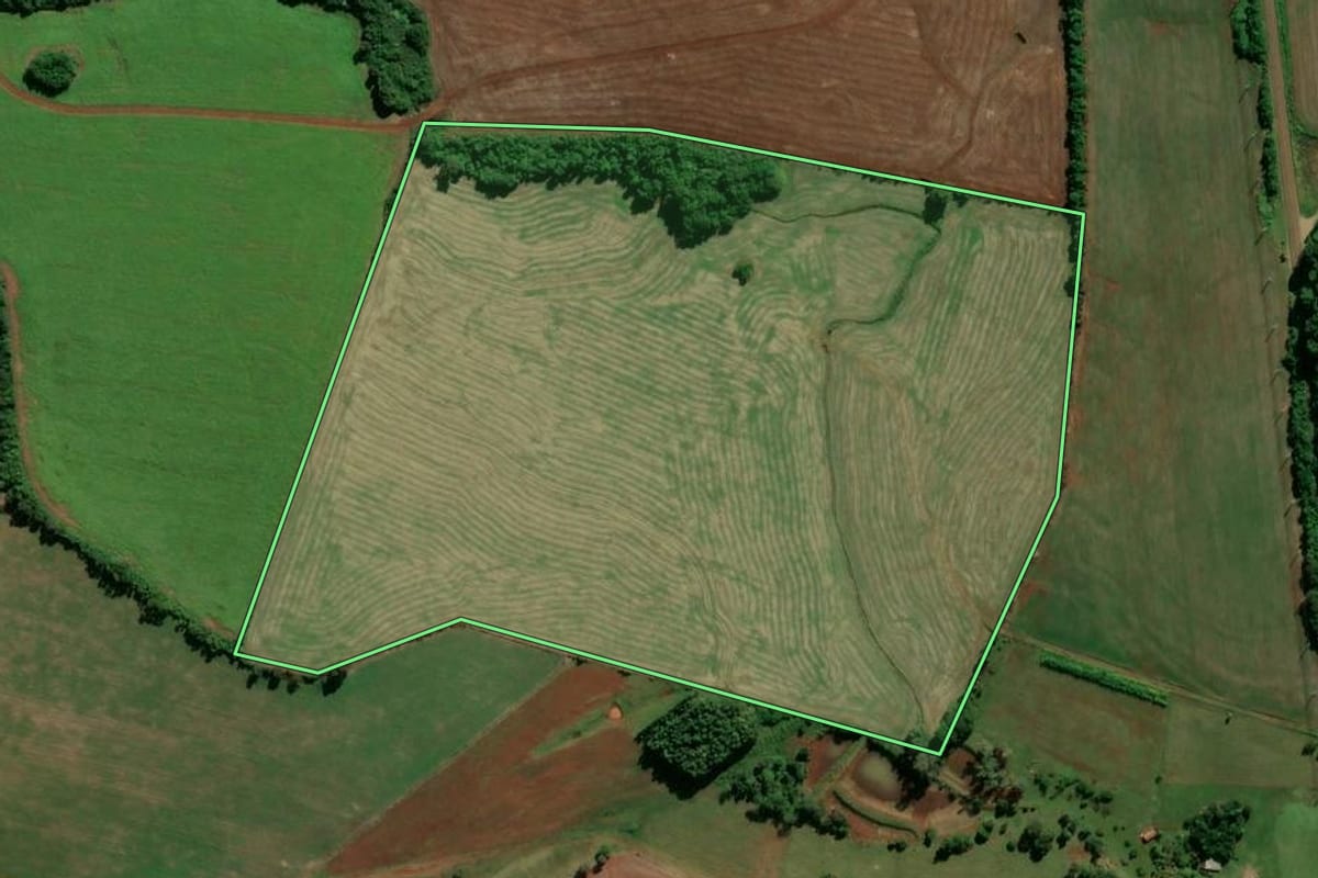 Imagem de satélite do imóvel rural em São Miguel das Missões (RS), com o contorno declarado no CAR desenhado por cima.