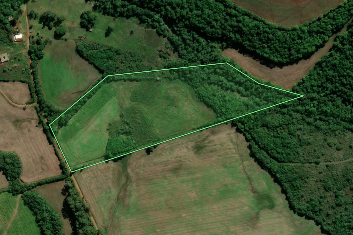 Imagem de satélite do imóvel rural em São Miguel das Missões (RS), com o contorno declarado no CAR desenhado por cima.