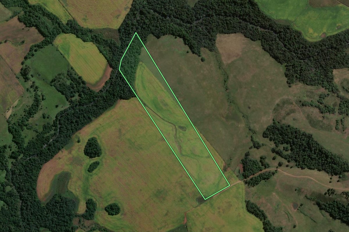 Imagem de satélite do imóvel rural em São Miguel das Missões (RS), com o contorno declarado no CAR desenhado por cima.
