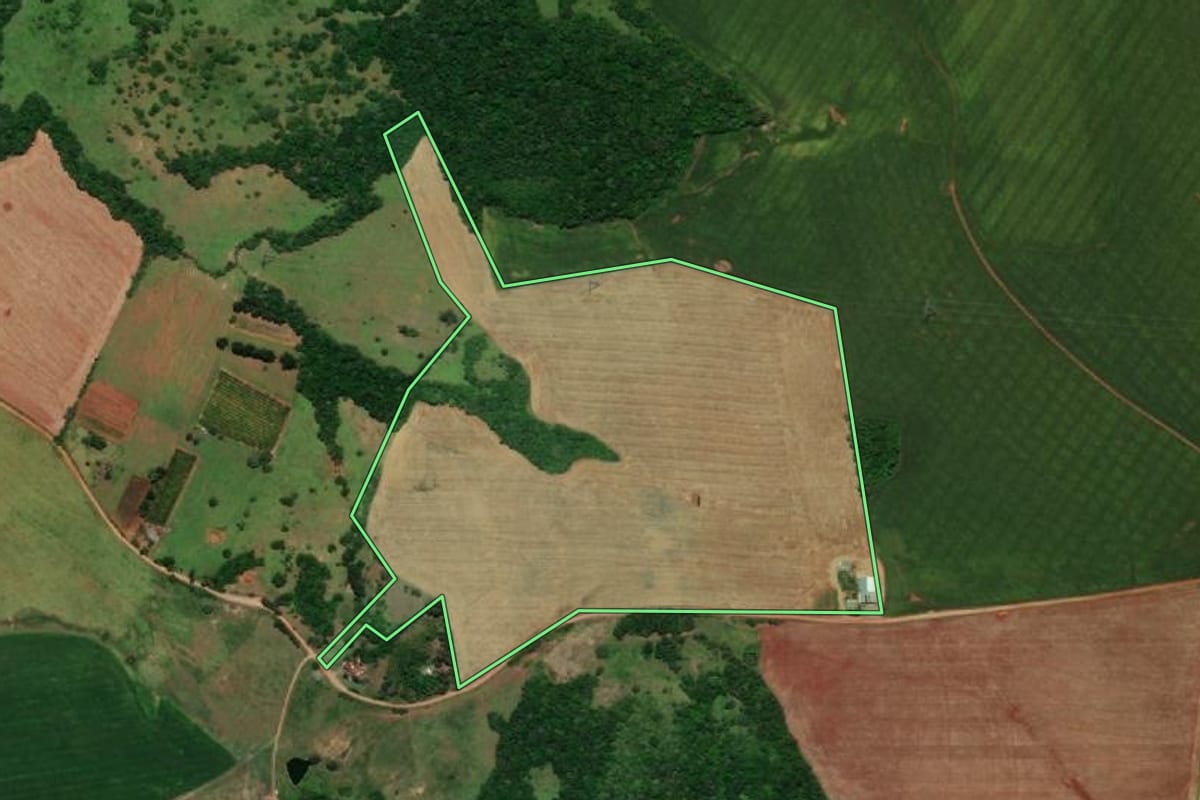 Imagem de satélite do imóvel rural em São Nicolau (RS), com o contorno declarado no CAR desenhado por cima.