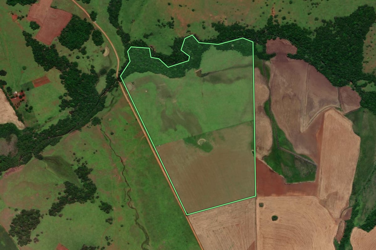 Imagem de satélite do imóvel rural em São Nicolau (RS), com o contorno declarado no CAR desenhado por cima.