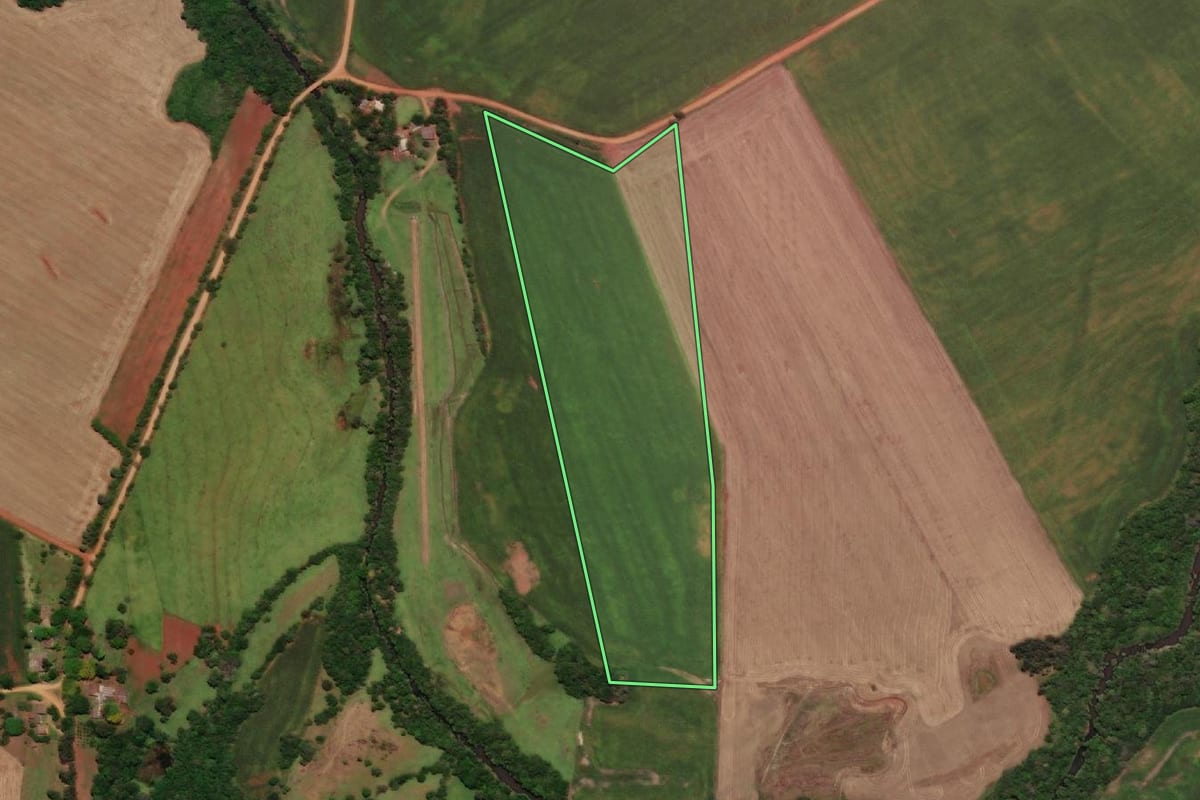Imagem de satélite do imóvel rural em São Nicolau (RS), com o contorno declarado no CAR desenhado por cima.