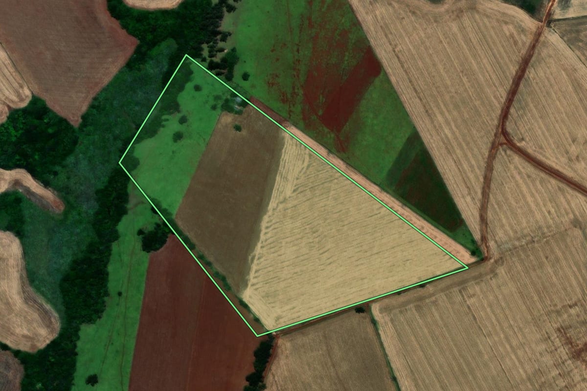 Imagem de satélite do imóvel rural em São Nicolau (RS), com o contorno declarado no CAR desenhado por cima.