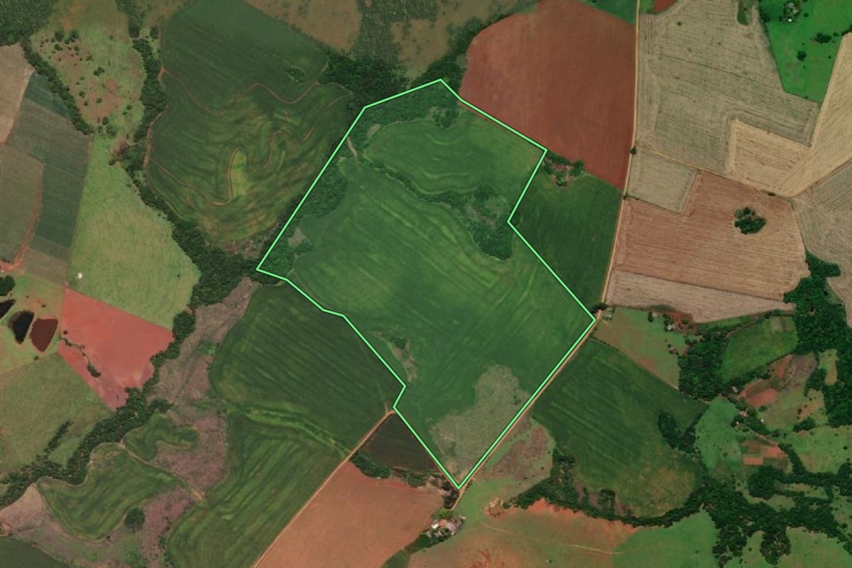 Imagem de satélite do imóvel rural em São Nicolau (RS), com o contorno declarado no CAR desenhado por cima.