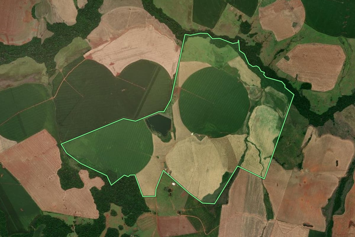 Imagem de satélite do imóvel rural em São Nicolau (RS), com o contorno declarado no CAR desenhado por cima.