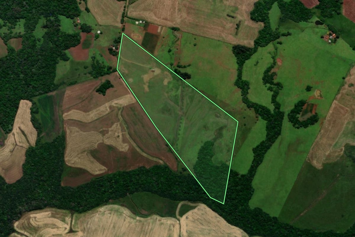 Imagem de satélite do imóvel rural em São Nicolau (RS), com o contorno declarado no CAR desenhado por cima.