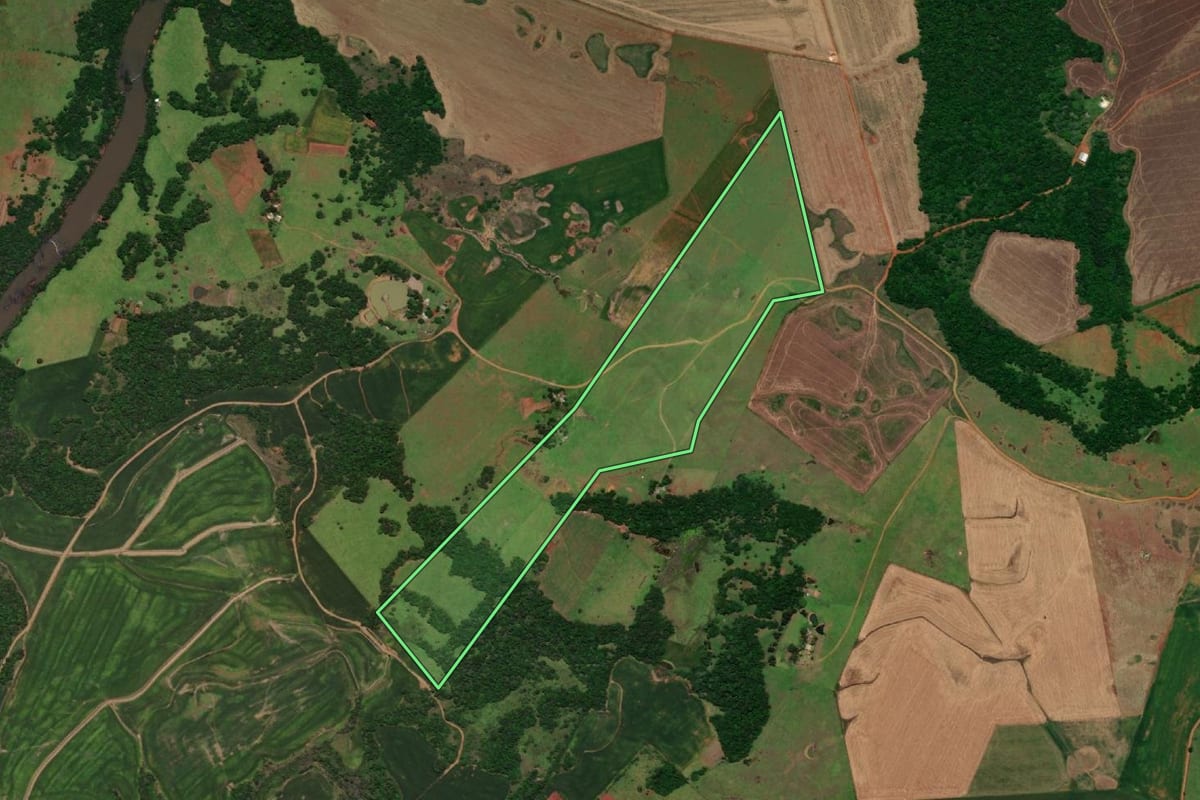 Imagem de satélite do imóvel rural em São Nicolau (RS), com o contorno declarado no CAR desenhado por cima.