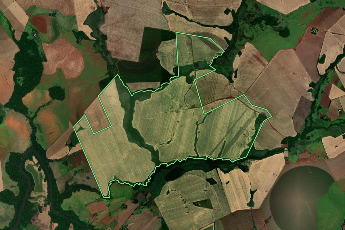 Imagem de satélite do imóvel rural em São Nicolau (RS), com o contorno declarado no CAR desenhado por cima.
