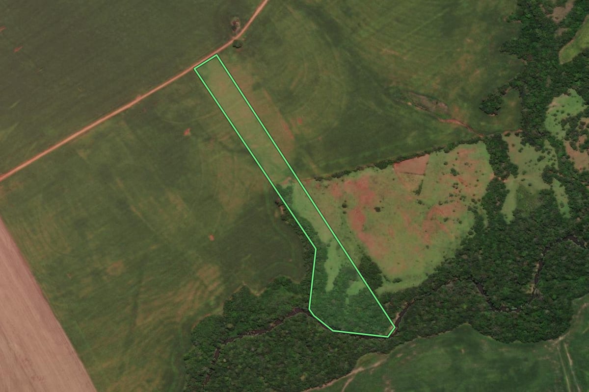 Imagem de satélite do imóvel rural em São Nicolau (RS), com o contorno declarado no CAR desenhado por cima.