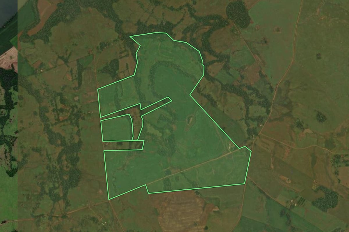 Imagem de satélite do imóvel rural em São Nicolau (RS), com o contorno declarado no CAR desenhado por cima.