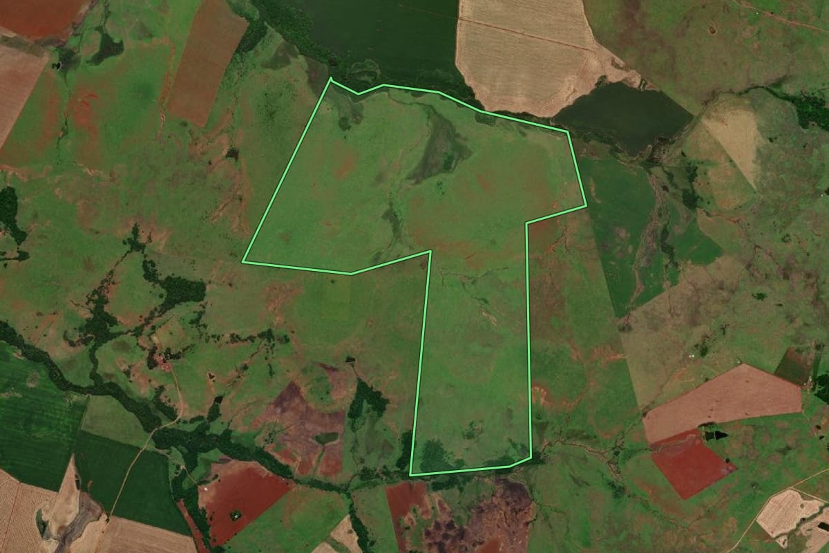Imagem de satélite do imóvel rural em São Nicolau (RS), com o contorno declarado no CAR desenhado por cima.