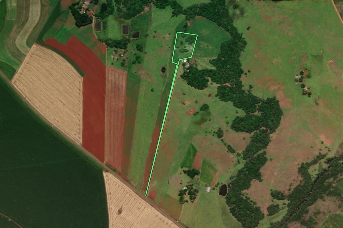 Imagem de satélite do imóvel rural em São Nicolau (RS), com o contorno declarado no CAR desenhado por cima.