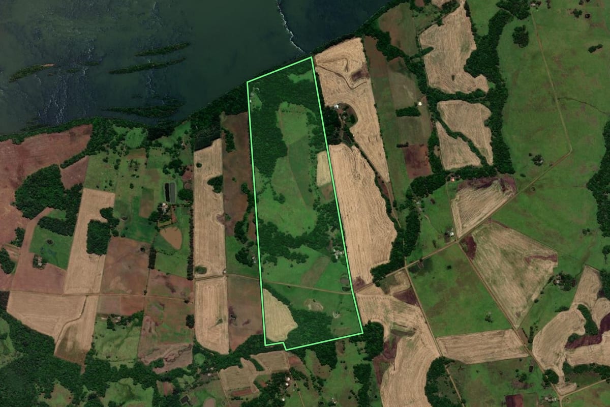 Imagem de satélite do imóvel rural em São Nicolau (RS), com o contorno declarado no CAR desenhado por cima.